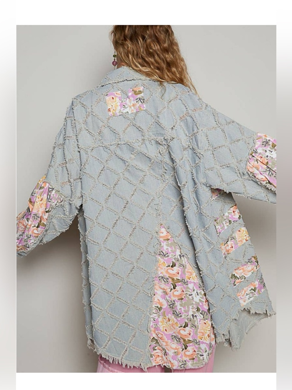 POL Pastel Floral Patchwork Shaggy Denim Duster Jacket Light Blue & Pink Sz M - Picture 5 of 6